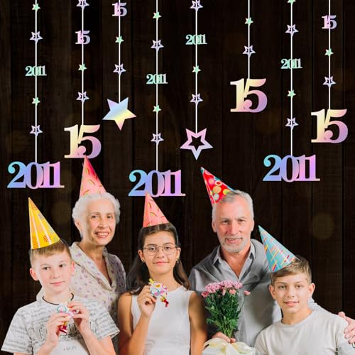 Image of Eucutur Iridescent 15th Birthday Decorations for Girls Boys, Pre-Strung Glitter Twinkle Number Vintage 2011 Fifteen Years Old Hanging Streamer Banner Party Supplies, Sweet 15th Bday Anniversary Decor