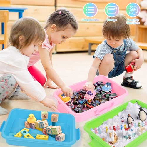 Image of FIIOEOY 3 Pcs Sensory Bin Sand Tray with Lid & 3 Stickers, Stackable Plastic Storage Containers, Portable Sandbox, Organizers for Toys, Sand, Arts, Crafts (Blue, Green, Pink)
