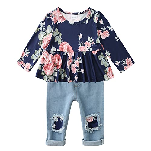 Image of CARETOO Girls Clothes Outfits Cute Baby Girl Floral Long Sleeve Pant Set Flower Ruffle Top