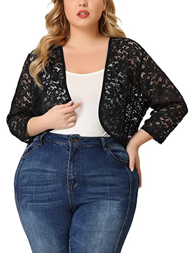 Agnes Orinda Plus Size Floral Lace Shrug for Women Elegant 3/4 Sleeve Lightweight Sheer Bolero Cardigan2