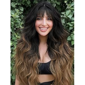 AISI HAIR Wig with Bangs Black To Brown Long Wavy Wig for Women Synthetic Hair Wig for Daily Party Use