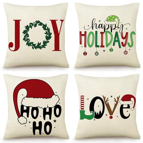 OYIMUA Weihnachten Deko Kissenbezug 50x50 4er Set Leinen Kissenhülle...