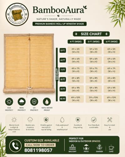 Image of BambooAura Natural Bamboo Roll-Up Window Shade Blind | Light Filtering Bamboo Chick Curtain | Eco-Friendly Sun Protection (4ft x 7ft - W x H) (Natural Beige with Dark Green Border, (5ft x5ft -W x H))