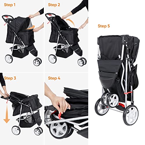Foldable Pet Stroller for Cats and Dogs 3 Wheels Carrier Strolling Cart with Weather Cover, Storage Basket + Cup Holder - Image 7