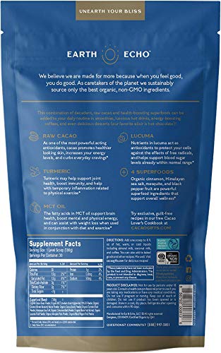 Earth Echo: Cacao Bliss - Organic Chocolate Powder Mix with Cinnamon, Turmeric, MCT Oil and Lucuma for Hot Cocoa, Smoothies and More - 30 Servings - Daily Health and Energy Superfood Support