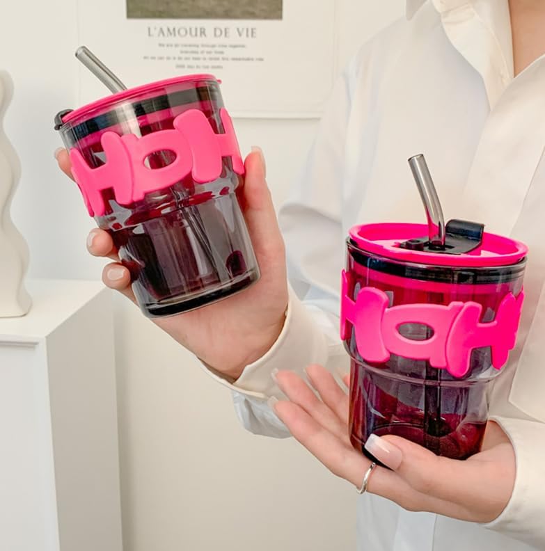 Image of Glass Sipper Tumbler with Straw (Set of 2) | 350ml Stylish Cup for Cold & Hot Drinks | Reusable Travel Mug for Office, Gym, Home