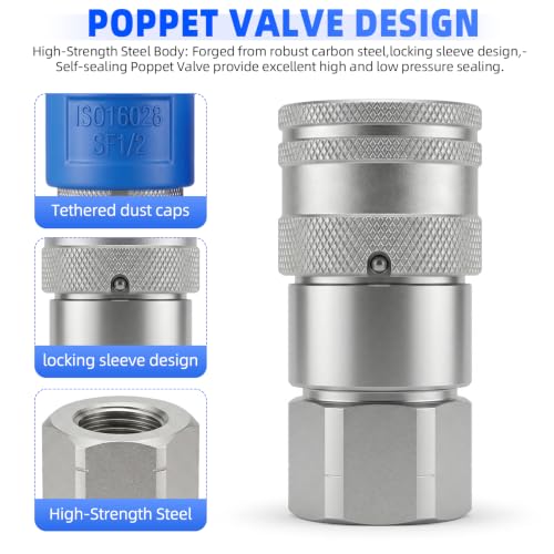 Image of 1 /2'' NPT Flat Face Hydraulic Quick Connect Couplers /Couplings Set w /Dust Caps ISO 16028 Standard, Skid Steer Bobcat 1 /2 Body Quick Disconnect 2Set