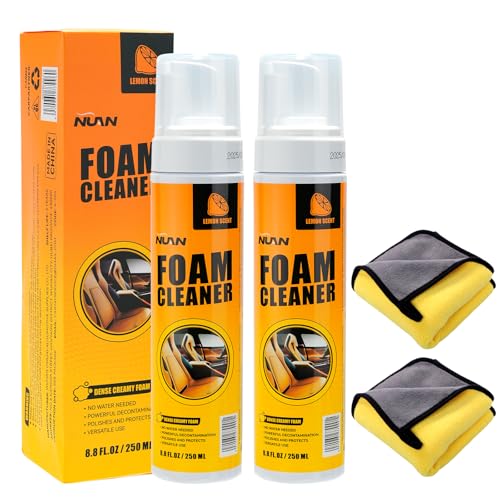 NUAN 2PCS Foam Cleaner for Car, Lemon Scent Car Interior Cleaner, Safe and Quick Remover Stains Multi-Purpose Foam Spray for Car Steering Wheel, Car Seat, Leather and House, 8.4 FL OZ, 250 ML