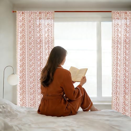 Image of Boho Farmhouse Curtains for Living Room 2 Panels, Floral Fall Curtains 80 Inches Long,Privacy Country Vine Pattern Bedroom Curtain,Let Light in Window Drapes Beige