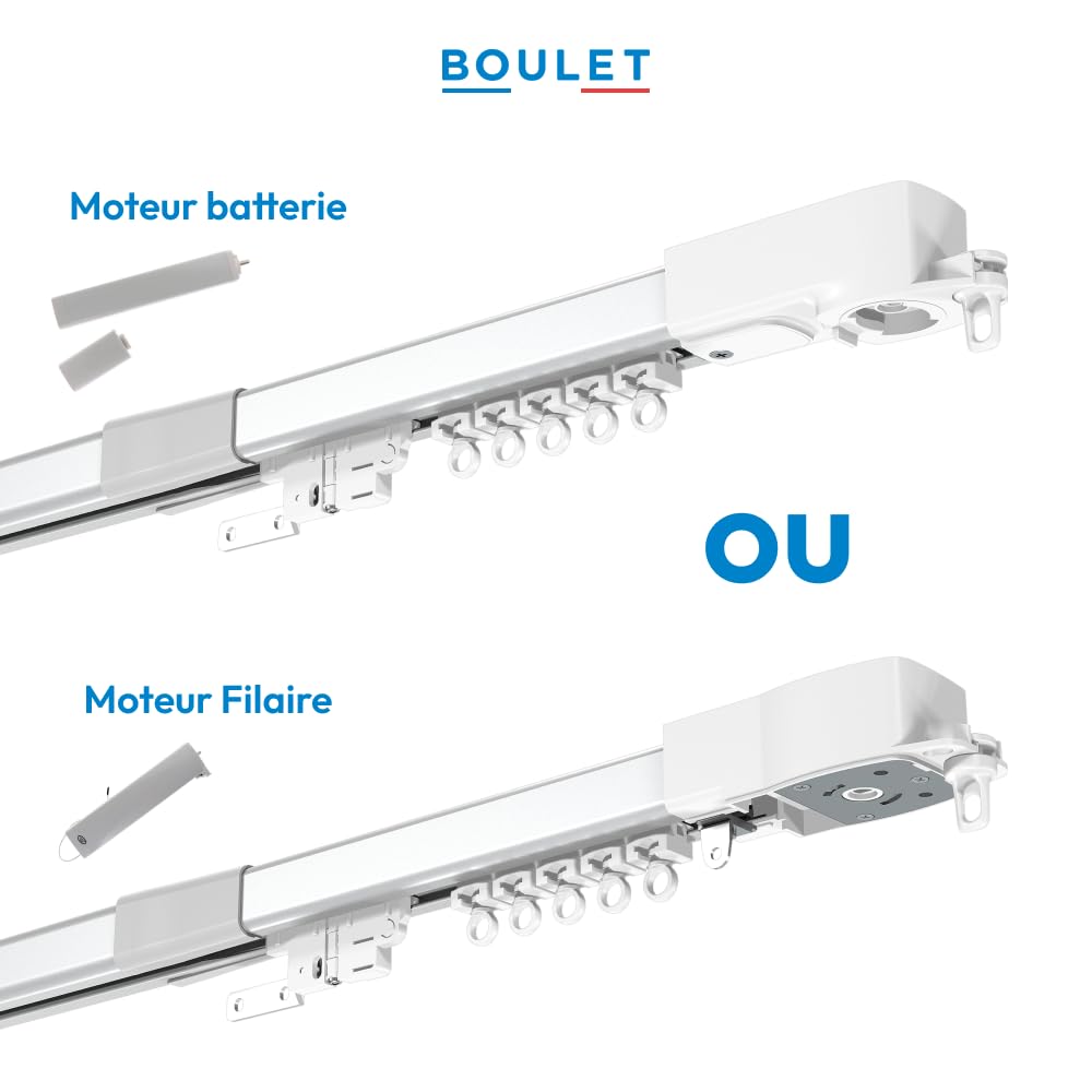 Boulet Rail Rideau motorisé Batterie Rechargeable Extensible 230-400cm – Télécommande – sans Fil – 20kg – Aluminium