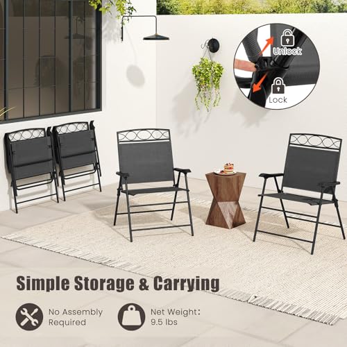 Image of Giantex Set of 4 Patio Folding Chairs, Outdoor Dining Chairs for Camping, Beach, Backyard, Deck, Portable Dining Chair w /Armrest and Metal Frame, Gray