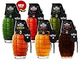 The General’s Hot Sauce Super 6 - American Grown, Veteran Owned | 6 pack | 6 fl. Oz. bottles | All natural, gourmet hot sauce gift set in glass grenade bottles with metal dog tag. Made in USA with aged American grown peppers or Vermont maple syrup. Dead Red | Grunt Green | Shock & Awe | Danger Close | Hooah Jalapeno | Maple Mayhem