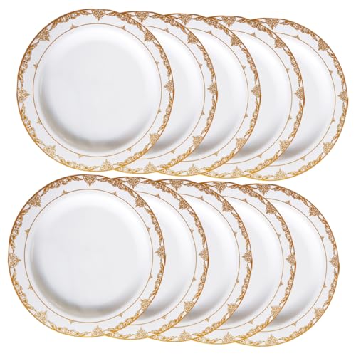 KICHOUSE 10個 金色花辺付きプラスチックパーティープレート 軽量使い捨てスナック皿 ケーキや前菜向けおしゃれな丸型ディナーディッシュ