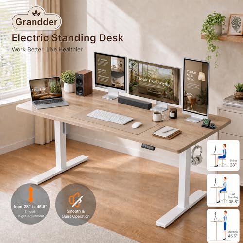 Image of Grandder 47x32 Large Electric Standing Desk, Height Adjustable Computer Desk with 2 Memory Presets, 31.5 inch Deep Desktop Sit Stand Desk Home Office Desk Workstation Table with Hooks, Maple