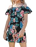 Arshiner Kids Cute Cold Shoulder Beach Outfits Hawaiian Rompers Jumpsuit for Girls One Piece Floral-black 5-6 Years
