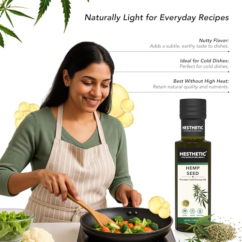 Image of HESTHETIC Cold Pressed Hemp Seed Oil 100ml | Unrefined Virgin Food-Grade Hemp Seed Extract | Rich in Plant Omega-3 & Omega-6 | Salad-Drizzle & Finishing Use | Glass Bottle