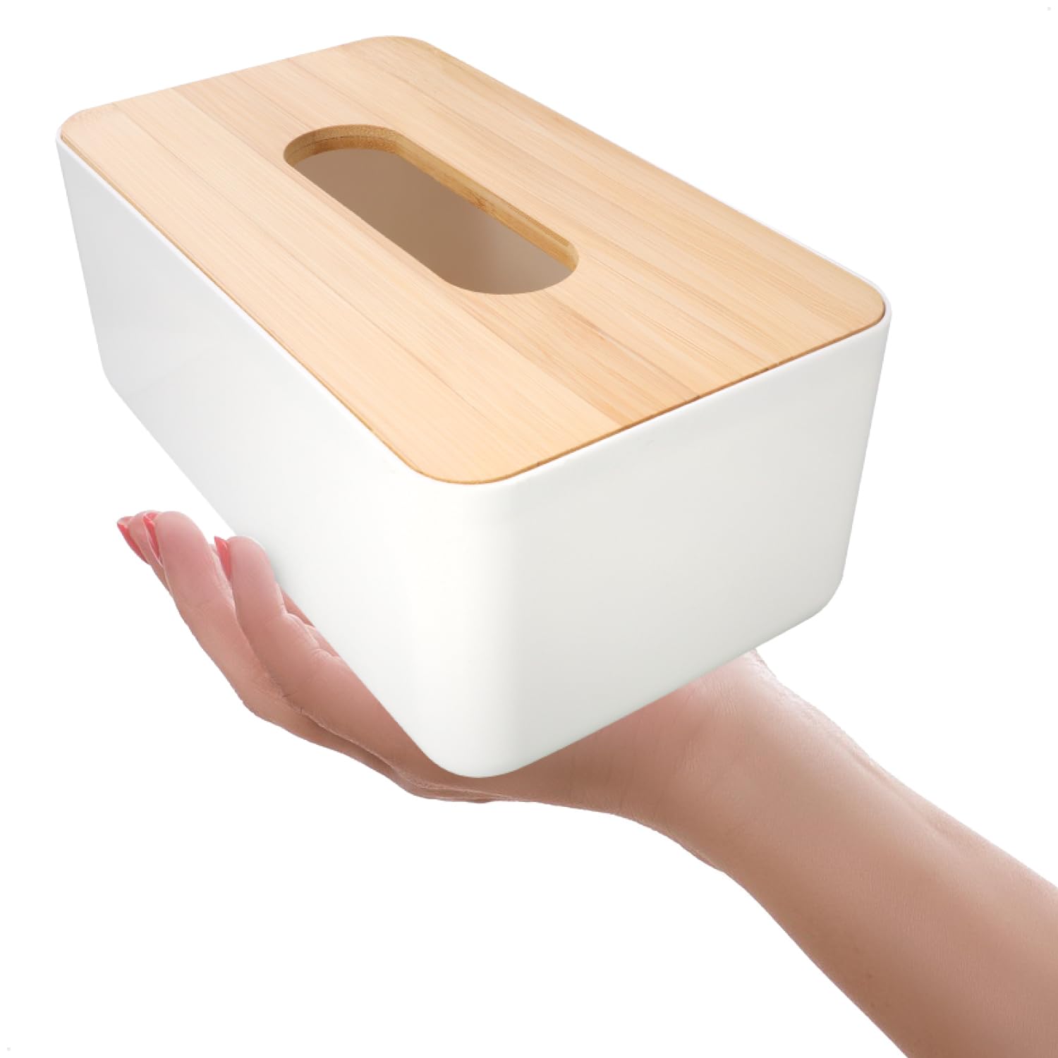 COM-FOUR® Pudelko na chusteczki kosmetyczne z tworzywa sztucznego z bambusowa pokrywka - Pudelko na chusteczki do lazienki, sypialni i salonu - podajnik reczników (1 sztuka - bambus bialy)