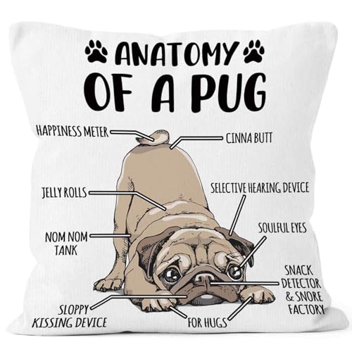 MONALET Funny Pug Dog Anatomy Throw Pillow Covers 18x18, Decorative Pillow Cases for Bedroom Living Room Couch Sofa Bed, Pug Gifts Pillowcases for Dog Lovers Owner