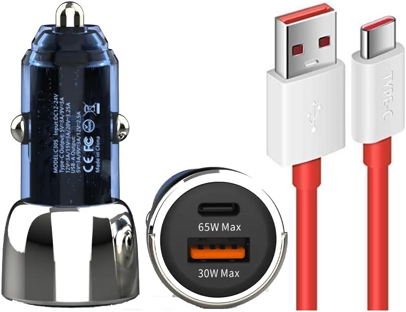 65W Car Charger for BYD E6 Original QC Adapter Type C 3.0A High Speed Fast Turbo Charge QC 3.0 Smart Dualport with 1m Type-C Red Charging & Sync Cable (Black, SZ.M)