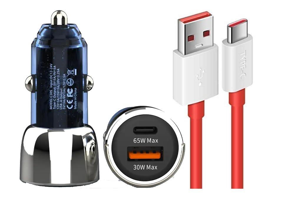 65W Car Charger for BYD E6 Original QC Adapter Type C 3.0A High Speed Fast Turbo Charge QC 3.0 Smart Dualport with 1m Type-C Red Charging & Sync Cable (Black, SZ.M)