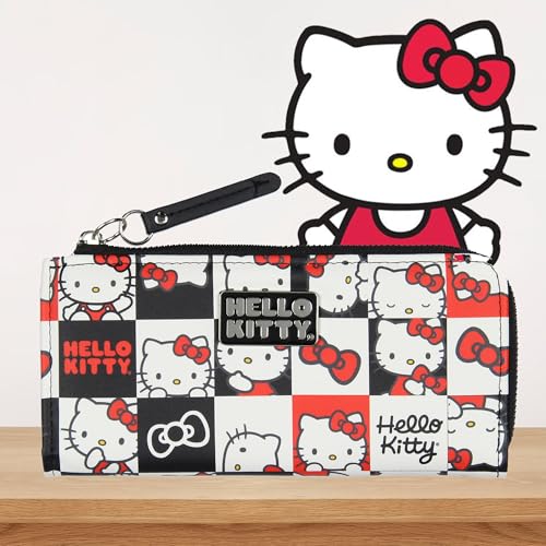 AI ACCESSORY INNOVATIONS Sanrio Hello Kitty Checkerboard Character Design Faux Leather Full Zip Wallet with Metal Hello Kitty Logo Badge4