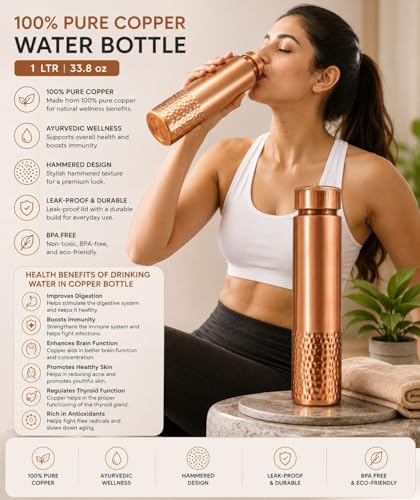 Image of Pure Copper Water Bottle Hammered Bottom - 33 oz | Handmade Ayurvedic Copper Vessel for Health & Wellness | Leak-Proof, BPA-Free, Eco-Friendly Gift Bottle