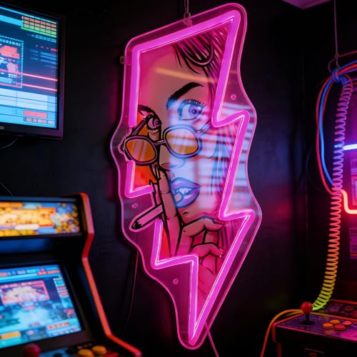Image of Pop Art Girl Neon Sign - USB LED Lightning Bolt Shaped Night Light, Comics Style Lady with Glasses Wall Decor, Pink Hanging Lamp for Teen Girls Bedroom, Bar, Game Room, Coffee Shop, Birthday Gift (lighting)