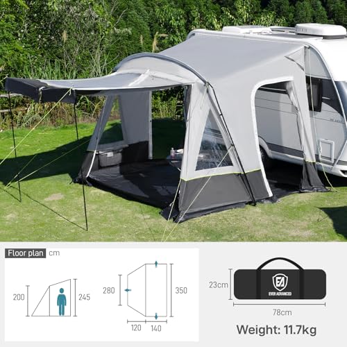 EVER ADVANCED Vorzelt Wohnwagen 350x260x245cm für Wohnmobil mit 2 Fenstern Seitentüre, großerer Tür als Dach, Reisevorzelt PU 3000mm wasserfest geeignet für Reise, Familie zusammen, Camping