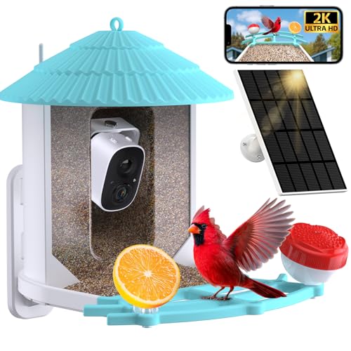 VUQ Smart Bird Feeder with Camera, AI Bird Species Identification, 5W Solar Panel, 2K HD Video Live Stream Camera, Full Color Night Vision, 32G Card Included, Instant Arrival Alerts, 2.4Ghz Wi-Fi Only