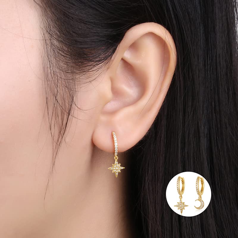 14K Gold Moissanite Moon Star Hoop Earrings for Women,Minimalist Moon and Star Style Huggie Earrings,Fashion Jewelry Gift for Her3