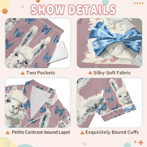 senya Alpaca Wearing Blue Butterflies Satin Summer Pajama Sets Silk Short Sleeve Button Down Sleepwear3