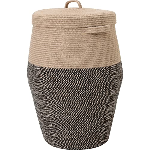 Image of 26"x20" Handcrafted Tall Cotton Rope Basket with Lid, Stylish Flagon Shape with Cover, Clothes Hamper with Top, for Bedroom and Living Room, Jute/Black Mix