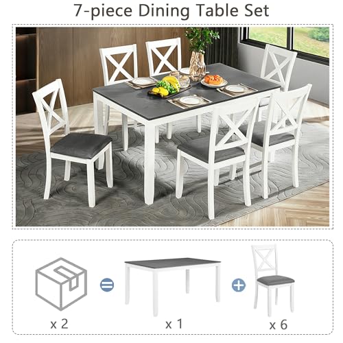 Image of Harper & Bright Designs Modern 7-Piece Dining Set,58.5 inch Solid Wood Table & 6 Padded X-Back Style Chairs, Grey & White Two-Toned for Kitchen /Dining Room, 6-Person Seating