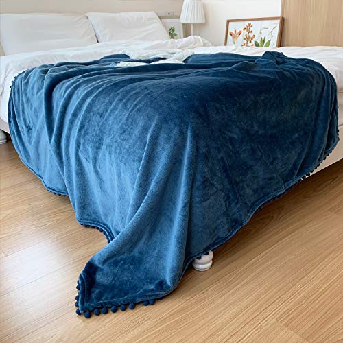 LOMAO Flannel Blanket with Pompom Fringe Lightweight Cozy Bed Blanket Soft Throw Blanket fit Couch Sofa Suitable for All Season (51x63) (Aegean Blue, 51''x 63'')
