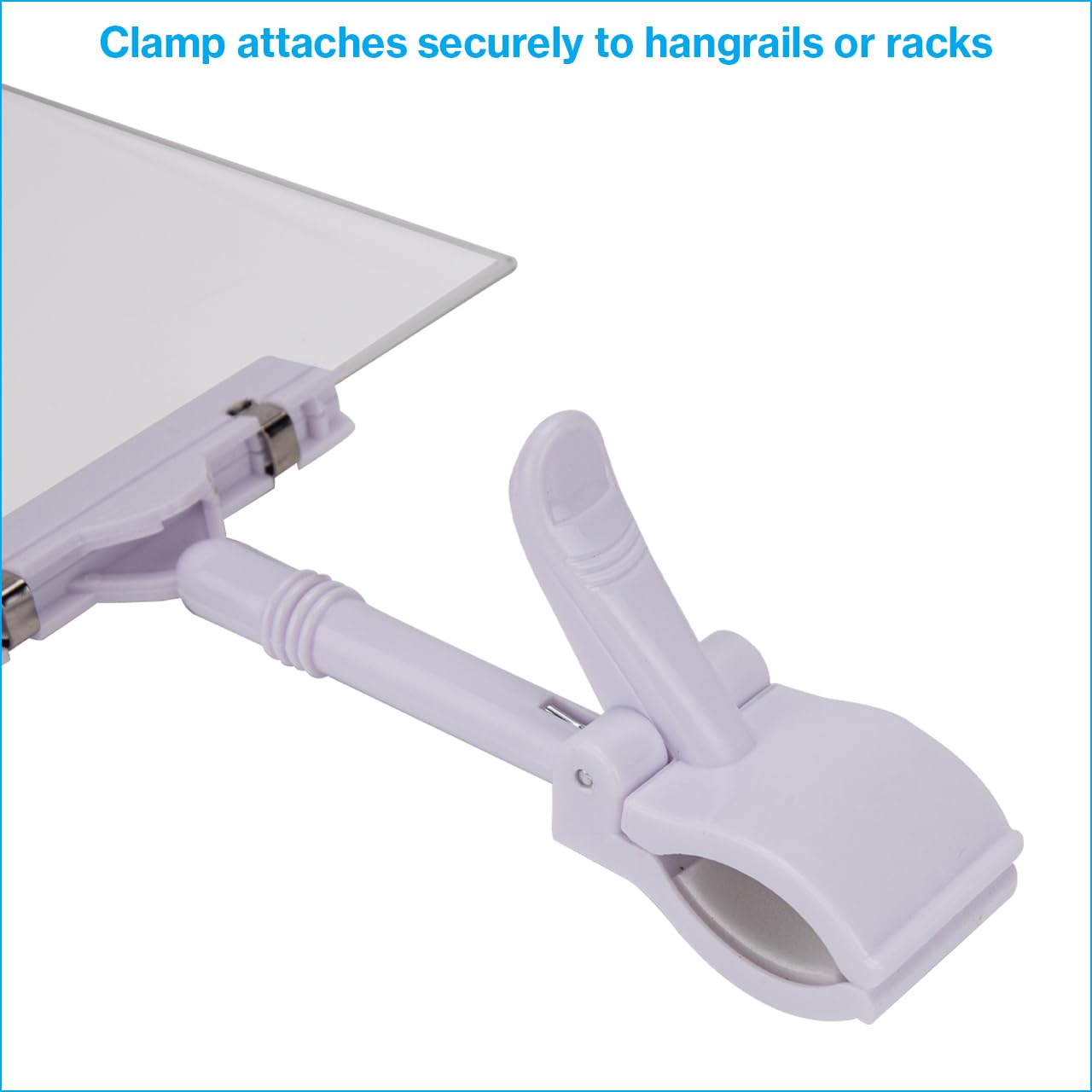 SSWBasics Acrylic Sign Holder with Clamp - 5 1/2"W x 7”H - Set of 3 - Acrylic Sign Clips with Clamp for Hangrail - Store Signs & Displays - Functional Clip On Sign Holder for Retail, Boutique, Sale