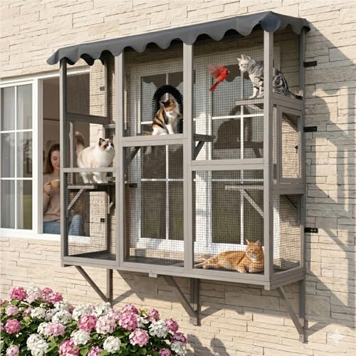 Window Cat Cage 70.9 Tall Large Wooden Cat Enclosure with Multi-Level Perches Escape-Proof Galvanized Mesh Sturdy Tripod Base Waterproof Top Cover for Indoor/Outdoor Use Dark Gray