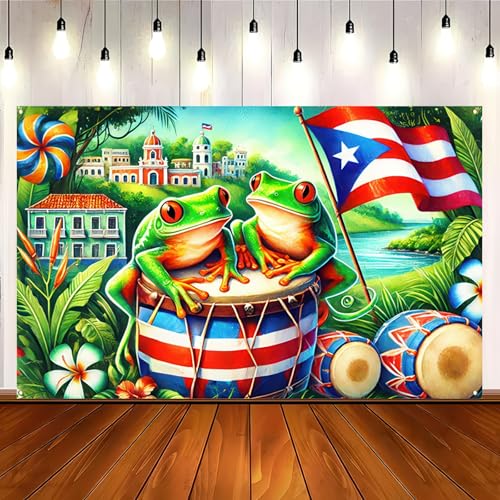Image of BlissYard Puerto Rico Banner 71 x 43 inchs Boricua Frog Drum Flag Backdrop Tropical Island Festival Wall Decor for Puerto Rican Party Parade Cultural Event Home Decoration