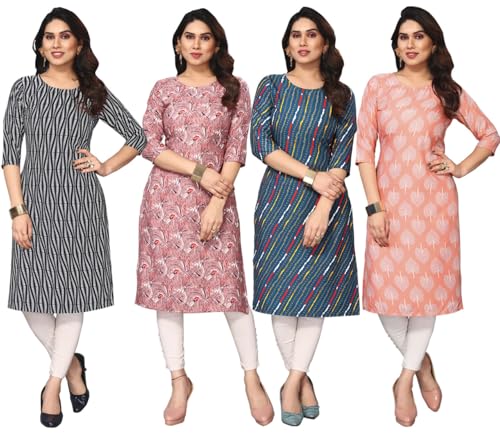Image of JAKHANA Women's Crepe Printed Casual Straight Calf Length Round Nick Kurta Pack of 4