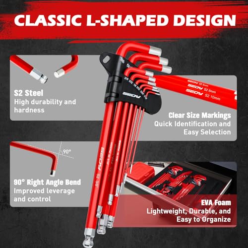 SEDY 30-Piece Long Arm Ball End L-Hex & Torx Key Set with Grip Handle, Ultimate Hex Key Wrench Set with T-Handle and Extension Bars, SAE 1/16" to 3/8", Metric 1.5mm to 10mm, Torx T10 to T50
