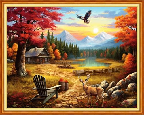 Image of Foxdiviy Stamped Cross Stitch Kits for Beginners Full Range of Cross Stitching 11 CT Printed Cross Stitch Kits for Adults Cross Stitch Patterns Needlepoint Kits-Autumn Scenery 16x20 inch