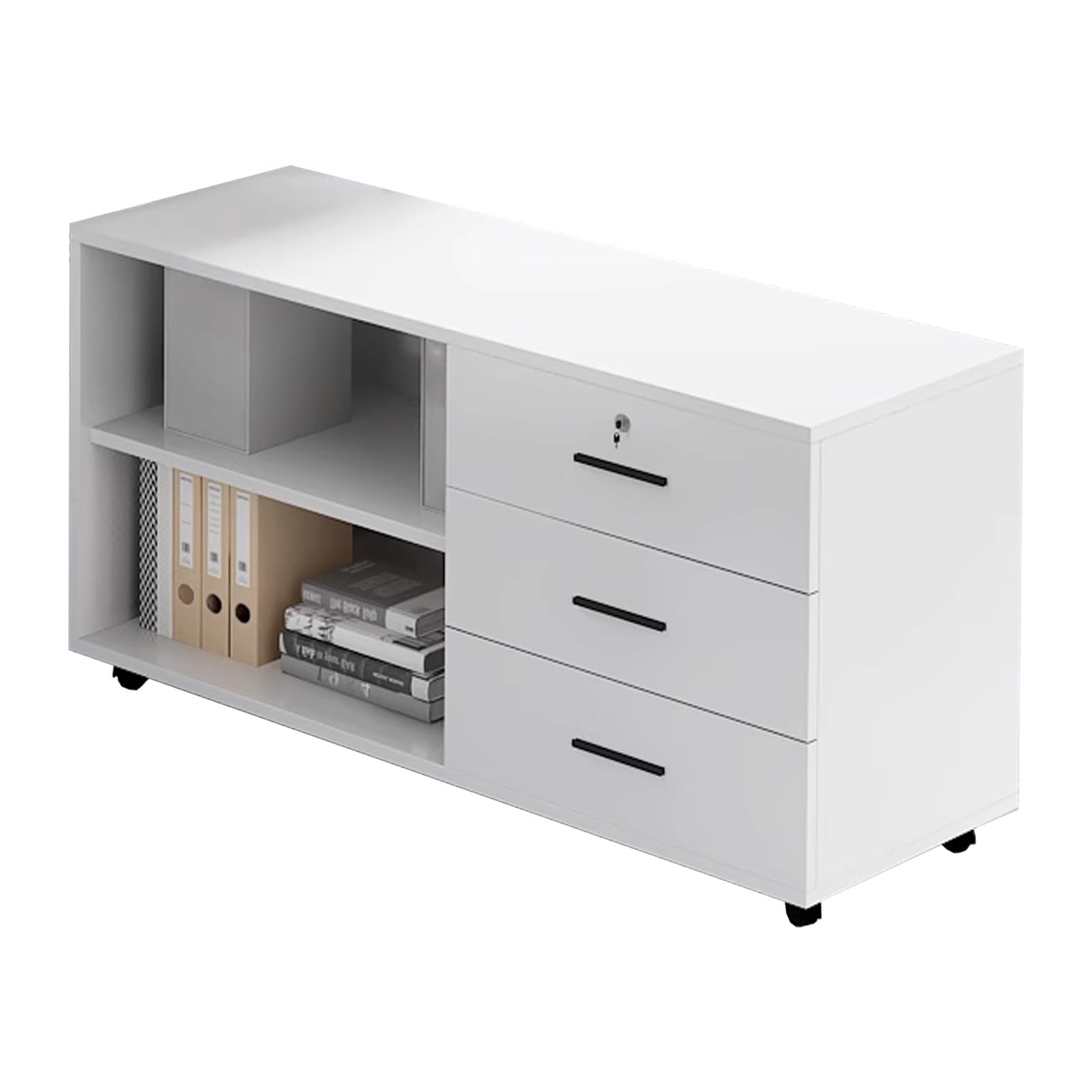 ASerZenith Lockable Drawer File Cabinet With Adjustable Shelves Multi-Function Lateral Filing Cabinet On Wheels For Home Office Printer Table & Partitioned Storage,White