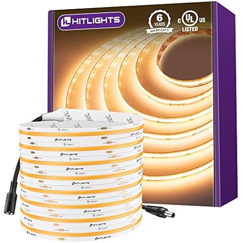HitLights COB LED Strip Lights Warm White 2700K, 16.4ft Premium High Density 24V Tape Light, 2560 LEDs, 350+ LM/FT, CRI 90+, IP30, Lighting for Kitchen, Cabinets, UL Listed (Power Source Not Included) Cover