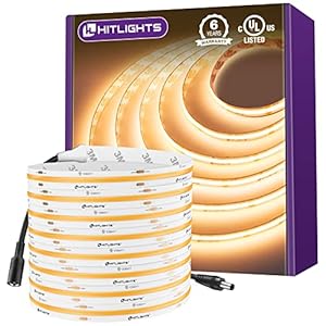 HitLights COB LED Strip Lights Warm White 2700K, 16.4ft Premium High Density 24V Tape Light, 2560 LEDs, 350+ LM/FT, CRI 90+, IP30, Lighting for Kitchen, Cabinets, UL Listed (Power Source Not Included)