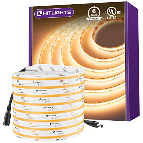 HitLights COB LED Strip Lights Warm White 2700K, 16.4ft Premium High Density 24V Tape Light, 2560 LEDs, 350+ LM/FT, CRI 90+, IP30, Lighting for Kitchen, Cabinets, UL Listed (Power Source Not Included) by HitLights - Used condition - US$38.68
