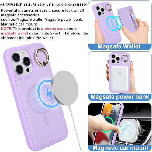 ?????? for iPhone 14 pro Case magsafe compatible iphone 14 pro phone case with Card Holder for women leather zipper phone wallet detachable 2-in-1 magnetic-Purple