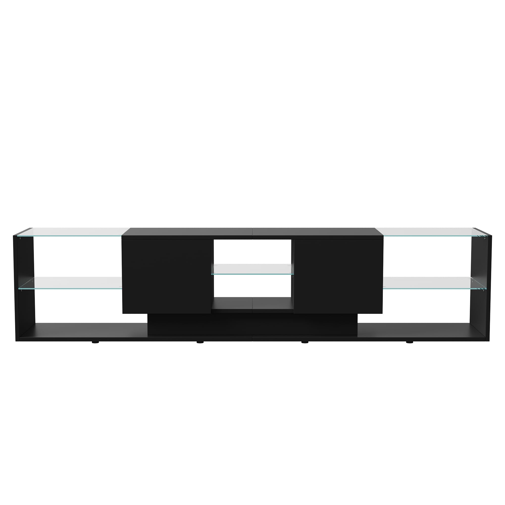 Mueble TV negro con luces LED, moderno mueble de TV de 200 cm con 2 cajones y estantes de cristal, mesa Tele banco TV para salón o dormitorio (negro, 200 x 35 x 45 cm)