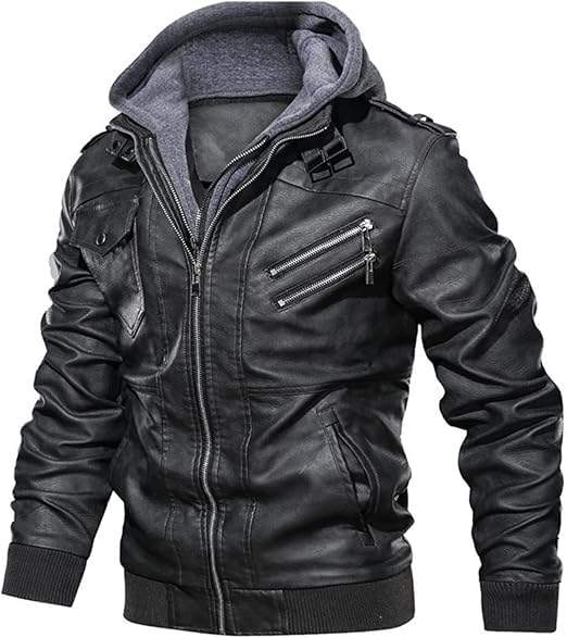 Men's Grey Stand Collar Zip-Up Motorcycle Bomber Jacket - 100% Genuine Cowhide Leather with Removable Hood3