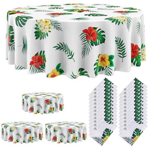 Image of Oudain 24 Pcs 84 inch Summer Round Hawaiian Tablecloths, Lagre Tropical Luau Plastic Table Covers with Palm Leaves & Hibiscus Flower, Aloha Tiki Beach Pool Party Decorations Supplies (White)