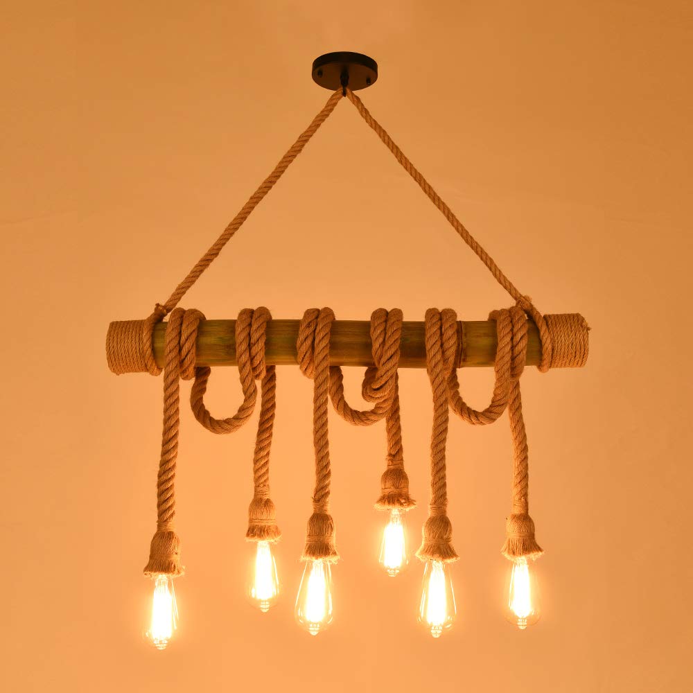 Timberino Rustic Brown Rope Ceiling Light Rustic Lighting - Retro Hemp Rope Pendant Lamp 6 Head Chandelier Bamboo E27 Light Fitting