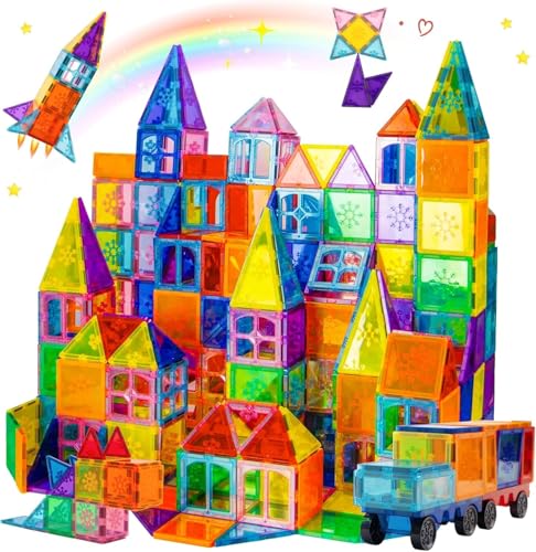 SKY-TOUCH 100PCS Magnetic Tiles STEM Building Blocks Set 3D Magnet Puzzles Stacking Blocks with 2 Cars Sensory Stacking Magnetic Blocks Toys for 3+ Year Old Boys and Girls